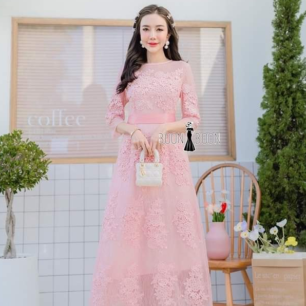 เดรสลูกไม้ไฮโซ M-4XL ชุดเดรสยาวออกงาน พรางพุง สายโบว์ ไซส์ใหญ่ถึง4XL มุมมองที่ 6