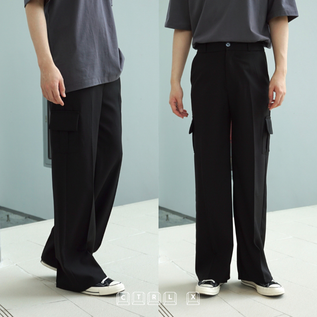 ctrlx-กาเกงคาร์โก้เอวสูงกระบอกกลางสไตล์เกาหลี-cargo-unisex-slack-pants-ผ้าสแลค