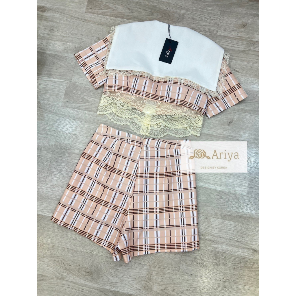 ariya-set-เสื้อ-กางเกง-ผ้าลาย-เสื้อปกคอ-รบกวนเช็คสต๊อกก่อนกดสั่งซื้อ