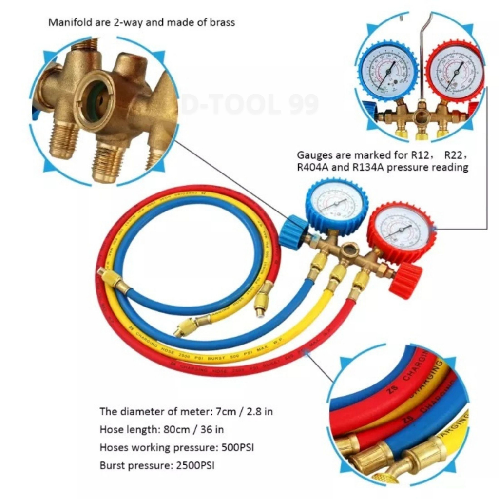 เกจ์ชุดเติมน้ำยาแอร์-เกจ์วัดน้ำยาแอร์-สาย-35-นิ้ว-r134a-r12-r22-r404-เกจเติมน้ำยาแอร์