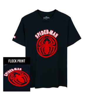 Marvel Men Spider-Man Flock Print T-Shirt Cabonite - เสื้อมาร์เวลผู้ชายพิมพ์กำมะหยี่โลโก้  ลายสไปเดอร์แมน  สินค้าลิขสิทธ์แท้100% characters studio