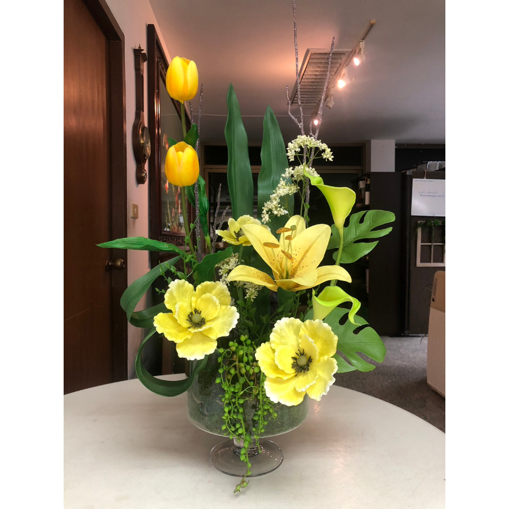 แจกันดอกไม้ประดิษฐ์-โทนสีเหลือง-ดอกไม้พร้อมแจกัน-แจกันดอกไม้ตกแต่งบ้าน