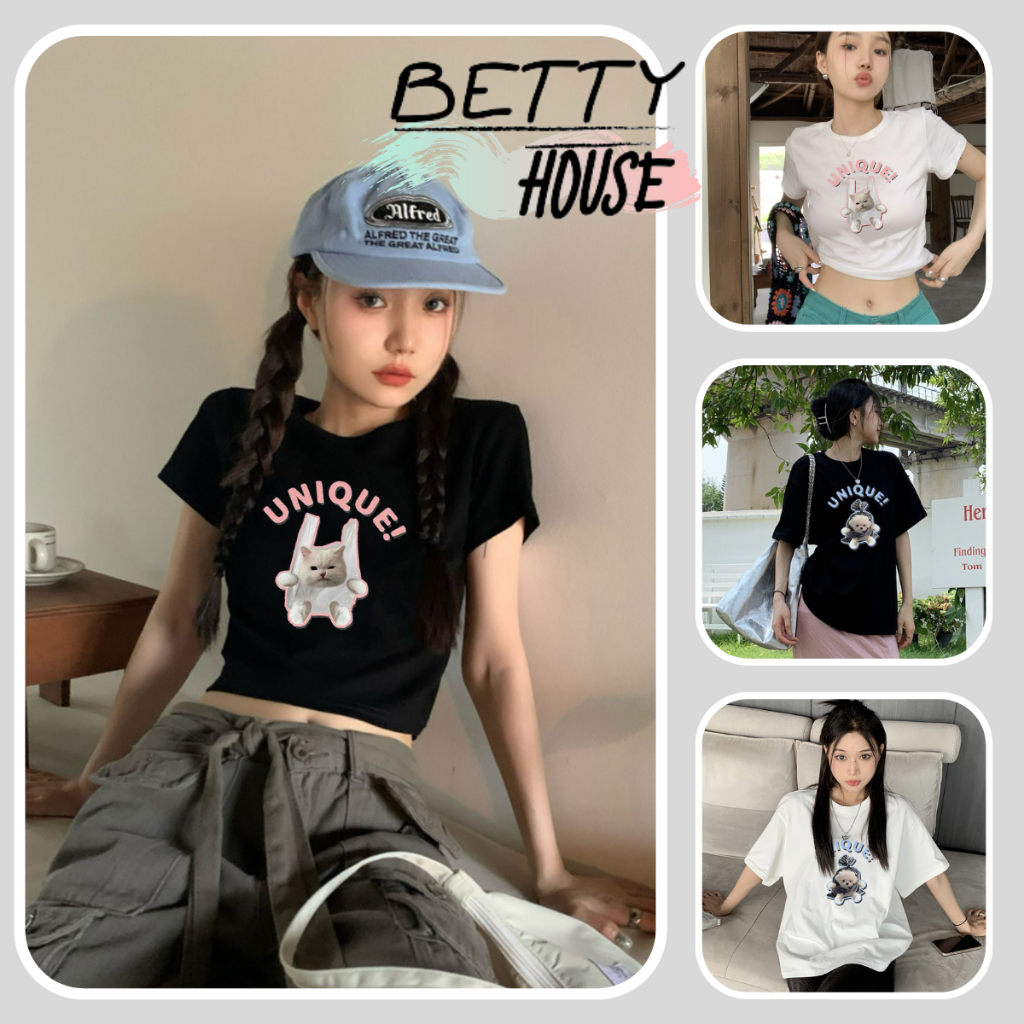 betty-house-เสื้อครอป-เสื้อยืดแขนสั้นพิมพ์ลายแมวหวานน่ารักสำหรับผู้หญิง-พร้อมส่ง-พร้อมส่งจากกทม-มาถึงใน-3-5-วัน