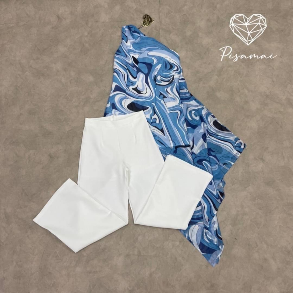 pisamai-เซ็ตเสื้อไหล่เดียวลายกราฟฟิกสีฟ้า-รบกวนเช็คสต๊อกก่อนกดสั่งซื้อ