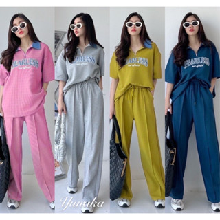 🧸ชุดเซต 2 ชิ้น มี9สี🌈เสื้อแขนสั้นปกโปโลคอซิป ทรงยาวคลุมสะโพกสกรีนหน้าอก ใส่ตัวเดียวก็สวยเป็นมินิเดรสได้มาคู่กางเกงเอวยาง