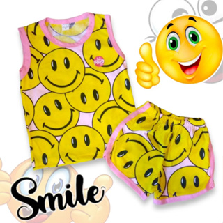 02 ชุดเซ็ตเด็ก ชุดนอนเด็ก ผ้าพิมพ์ลายการ์ตูน อีโมจิ ยิ้ม สีชมพู เหลือง (เสื้อกล้ามผ้ายืด+กางเกงขาสั้น) แฟชั่นชุดเด็ก