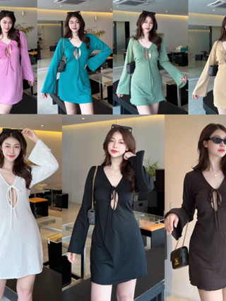 เดรสแขนแขนยาวเว้าอก -LULU KNIT MINIDRESS- มินิเดรสน่ารักๆคอกลมผูกอกได้ผ้าดีมาก สาวอวบ ป้าย Sheeny. (แขนยาว)