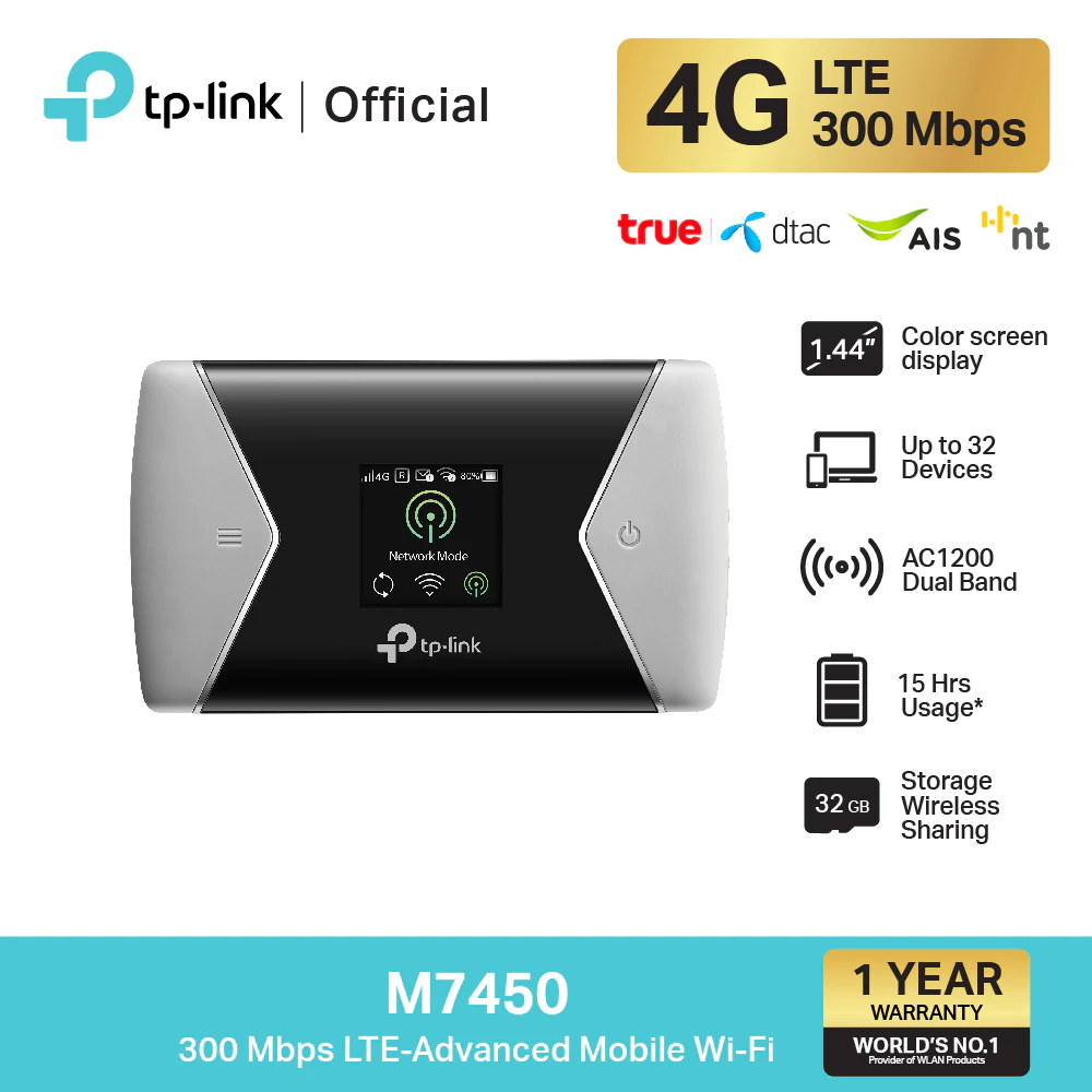 TP-Link M7450 Pocket WiFi ใส่ซิมแล้วใช้ได้ทันที (300 Mbps 4G LTE-Advanced Cat6 Mobile Wi-Fi) ใช้งานต่อเนื่องได้ 15 ชม.