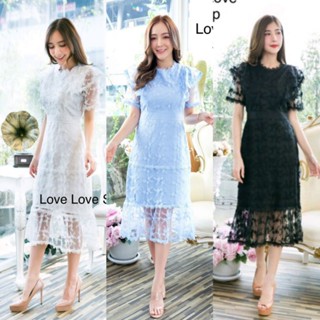 เดรสลูกไม้4สี!!! L-4XL Maxi Dress เดรสลูกไม้สีฟ้าผ้าซีทรูปักลายแขนระบาย งานป้าย Love love