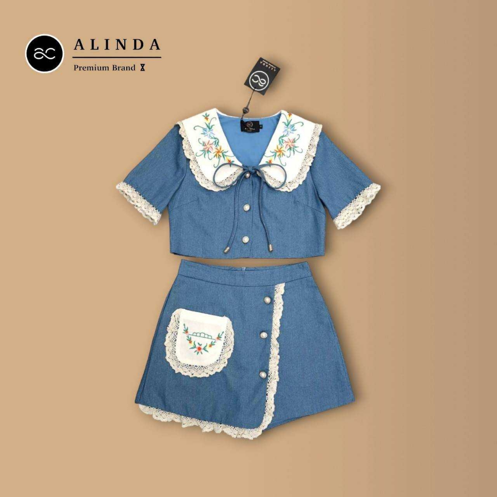 alinda-ชุดเซ็ทเสื้อยีนส์สีฟ้าแขนสั้น-รบกวนเช็คสต๊อกก่อนกดสั่งซื้อ