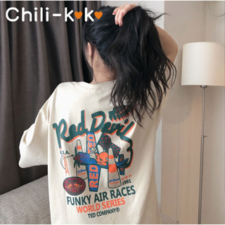 Chili_k❤️k❤️ เสื้อยืดแฟชั่นไซส์ใหญ่ oversize เสื้อผ้าวินเทจผู้หญิงสาวอวบ ทรงหลวม สกรีนลายการ์ตูน  XXL 2382