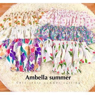 💜Ambella💜เสื้อครอปปาดไหล่ เสื้อลายดอกไม้ summer chic เสื้อสงกรานต์ ครอปเอวลอย แฟชั่นผู้หญิง