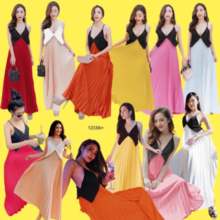 👗🌸 FF12336 Dress เดรสสายเดี่ยวกระโปรงแต่งอัดพลีทมีซิปหลัง❣️❣️
