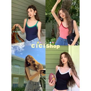 Cicishop(J381)สายเดี่ยว ผ้าร่องสีพื้นทรงเบสิคสีตัดขอบผ้านิ่มใส่สบายมาก