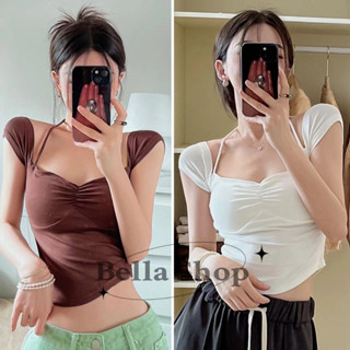 Bella🌻เสื้อยืด👕ผู้หญิงเซ็กซี่หนึ่งไหล่แขวนคอแขวนคอแขนสั้นเสื้อยืดสลิมฟิตด้านบนตัด✨พร้อมส่งจากกทม มาถึงใน 3-5 วัน