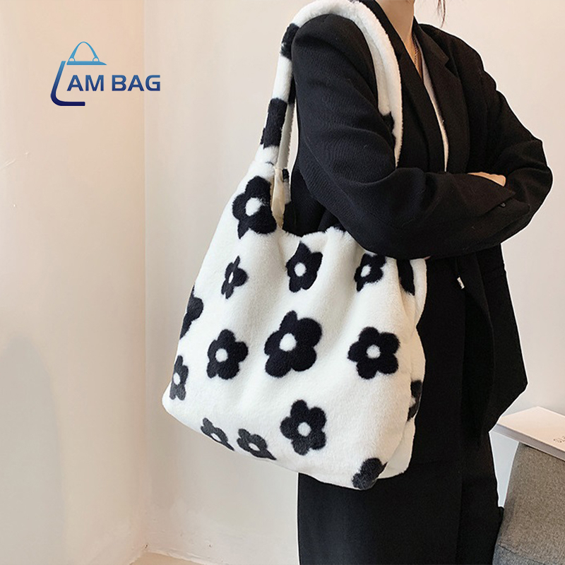 ambag-กระเป๋าสะพายขนนุ่ม-ลายดอกไม้ใบใหญ่-ใส่ของได้เยอะ-สไตล์เกาหลี-สุดฮิต