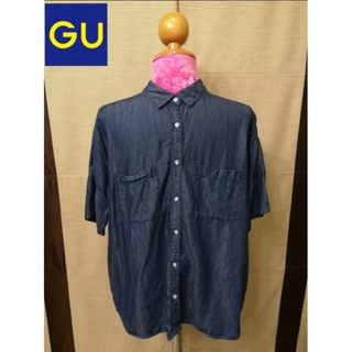 GU Brand_2nd hand เสื้อเชิ้ตแขนสั้น เดนิมสีเข้ม/Size M/ Made in China​🇨🇳​/แท้มือสองกระสอบนำเข้า​