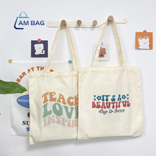 Ambag ✿ Tote Bag กระเป๋าผ้าแคนวาส พิมพ์ลายดอกไม้ สไตล์เกาหลี กระเป๋าสะพายไหล่  ✿