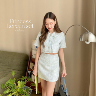 chuuchop_พร้อมส่ง(C7981)🎠⛲️Princess korean set  ชุดเซ็ตกระโปรง ดีเทลผ้าทอทวีตสีฟ้า