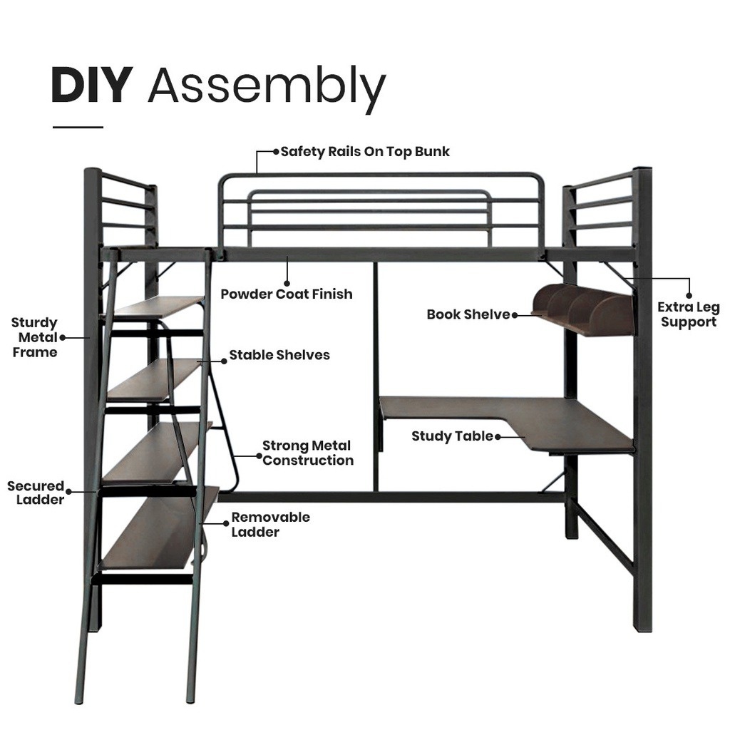 kenzzo-เตียง-เตียงเหล็ก-เตียง2ชั้น-พร้อมโต๊ะทำงานและชั้นวางของ-ขนาด-3-ฟุต-aloha-loft-bed-frame-3-ft