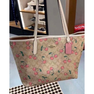 🌺COACH CITY TOTE IN SIGNATURE CANVAS WITH HEART CHERRY PRINT