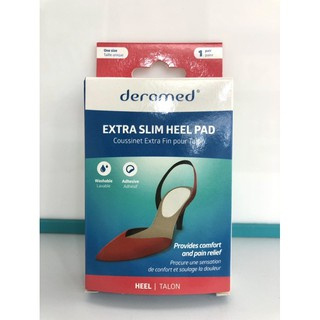 Deramed extra slim heel pad แผ่นเจลรองส้นเท้าลดอาการปวดและป้องกันการเกิดรองช้ำ ผลิตและนำเข้าจากประเทศสเปน กล่องละ 2 ชิ้น