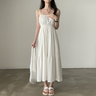 พร้อมส่ง! White cotton Dress 🥐🥂 C3624 เดรสยาวสายเดี่ยว เดรสยาวสายเดี่ยวสีขาว เดรสยาวมินิมอล