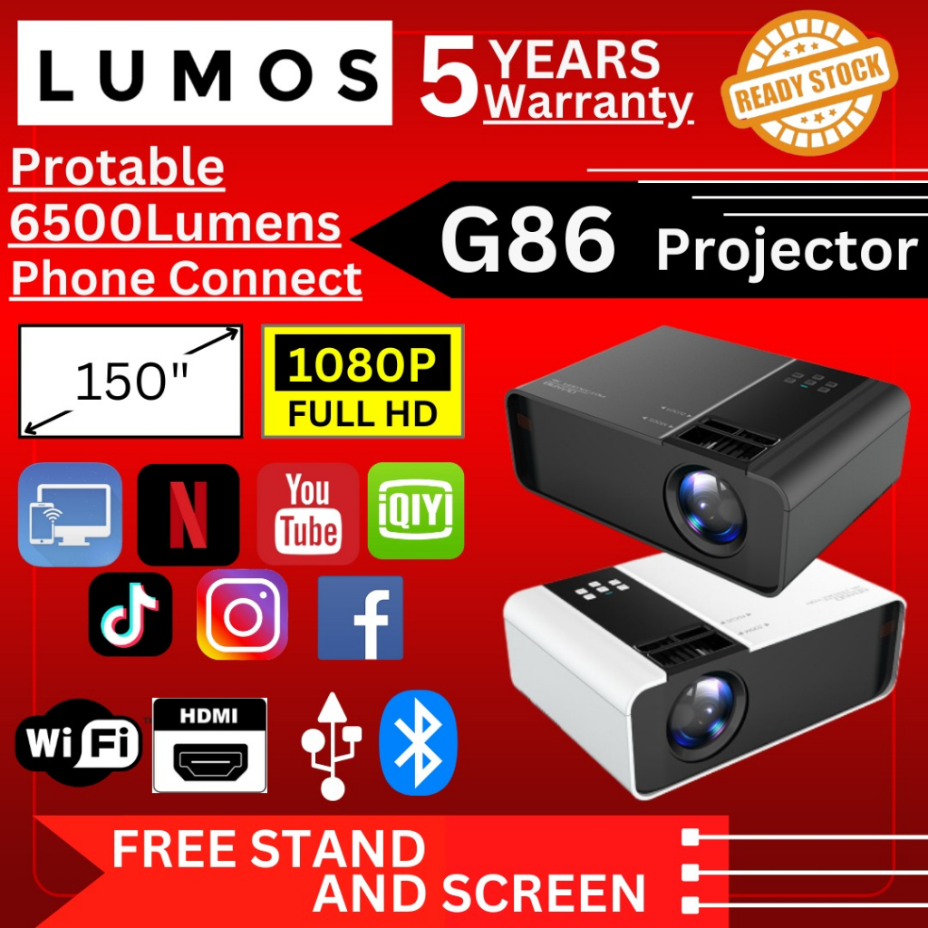 รับประกัน 5 ปี 6000 lumens G86 Projector FULL HD 1080P Android Mini Projector WIFI LCD Led A80
