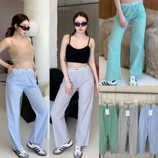 Hommie pant•(350฿ฟรีส่ง) มาใหม่อีกรุ่นปังๆค่า กับกางเกงสไตล์เกาหลี ลายทางแต่งขอบเอวยางยืด ทอลายอักษรตามแบรนด์ valen