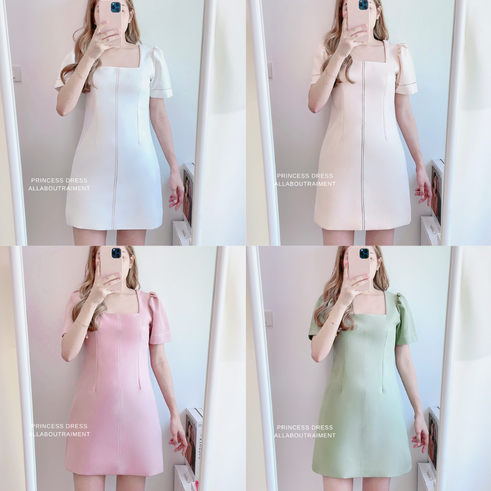 princess-dress-เข้าใหม่-10-สี-ใส่โค้ดallabu10ลดเหลือ435-มินิเดรสแขนตุ๊กตา-ดีเทลเดินด้ายสีตัดที่ด้านหน้า