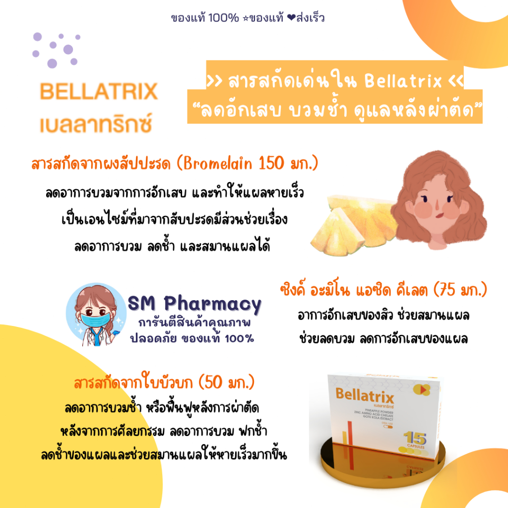 ของแท้-วิตามินลดบวมหลังผ่าตัด-ศํลยกรรม-bellatrix-1-แผง-15-แคปซูล-ลดอักเสบหลังศัลยกรรม-ทำจมูก-เสริมคาง-ร้อยไหม-botox