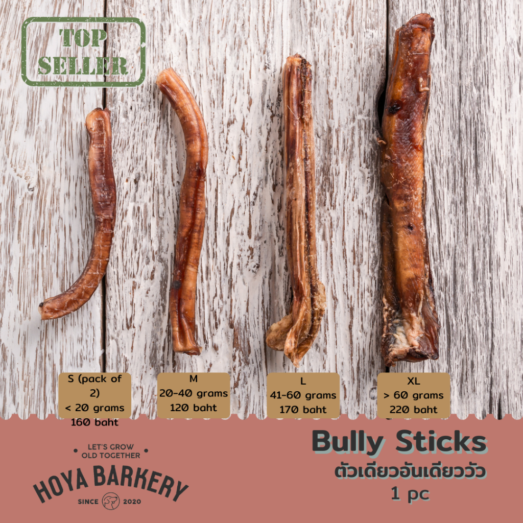 ภาพหน้าปกสินค้าBully Sticks dog treats ตัวเดียวอันเดียววัวอบแห้ง ขนมน้องหมา มีหลายขนาด Hoya Barkery