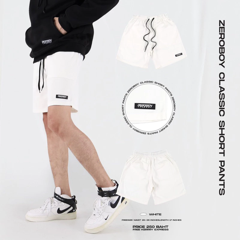 ZEROBOY - กางเกงขาสั้นวินเทจ เอวยางยืด สีขาว สีครีม สีเขียวมิ้นท์ สีเทาอ่อน สีกรม สีดำ https://wayoza.com