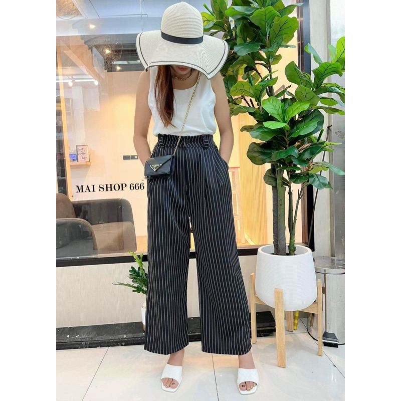 striped-trousers-กางเกงทรงลุงขายาวเอวสูง-สุดคิ้ววท์สาวอวบ