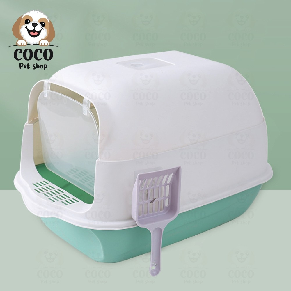 cocopet-shop-ห้องน้ำแมว-กระบะทรายแมว-ถาดทรายแมว-ทรงโดมแบบมีฝาปิดเต็มใบ-มีที่เก็บกลิ่น-พร้อมที่ตักทรายแมว