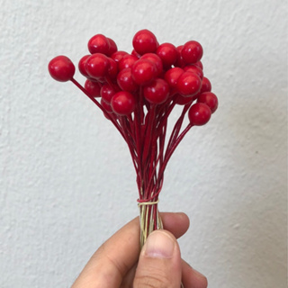 เบอร์รี่กลมก้านลวด เกสรดอกไม้ประดิษฐ์ สีแดงสด 45 ชิ้น สำหรับงานฝีมือและตกแต่ง พร้อมส่ง P13