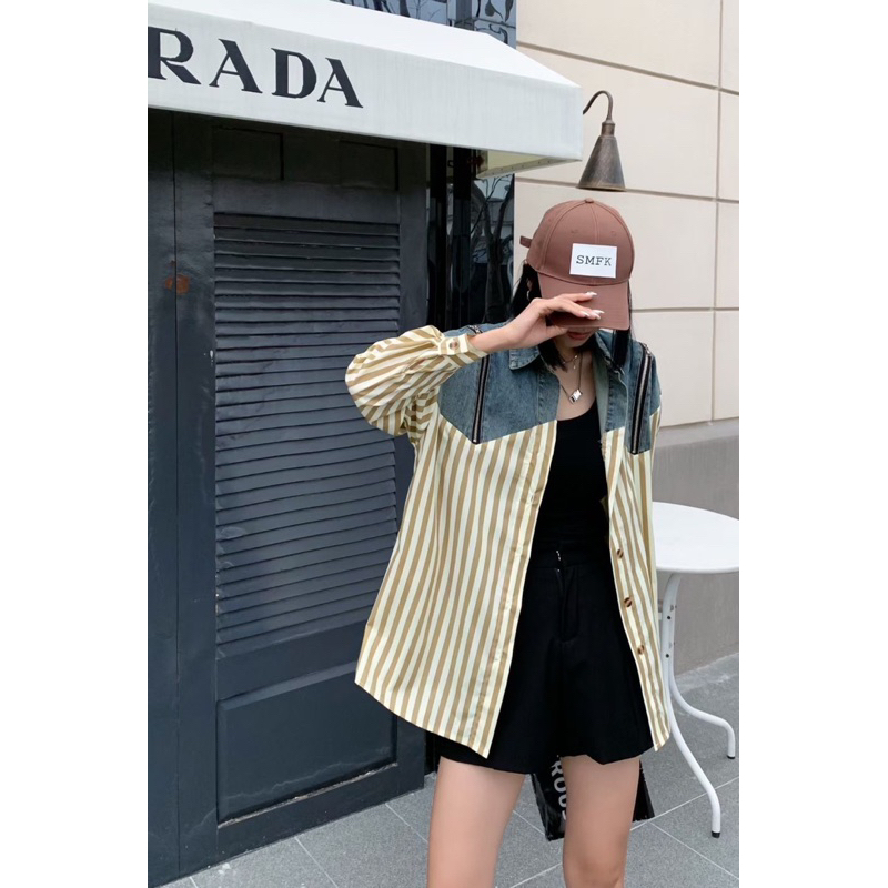 เสื้อเชิ้ตยีนส์-แขนยาว-แต่งผ้ายีนส์ด้านบน-ช่วงไหล่แต่งซิปรูดได้-สไตล์เกาหลี