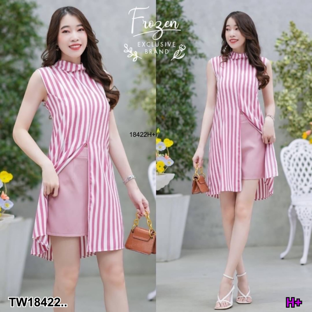 pe18422-set-2-ชิ้น-เสื้อแขนกุดตัวยาว-คอตั้ง-ผ่าหน้า-กางเกงขาสั้น-ลายคมชัด-มีซิปด้านหลัง-รอบเอวยืดสม้อคหลัง-ดีเทลลงตัวสุด