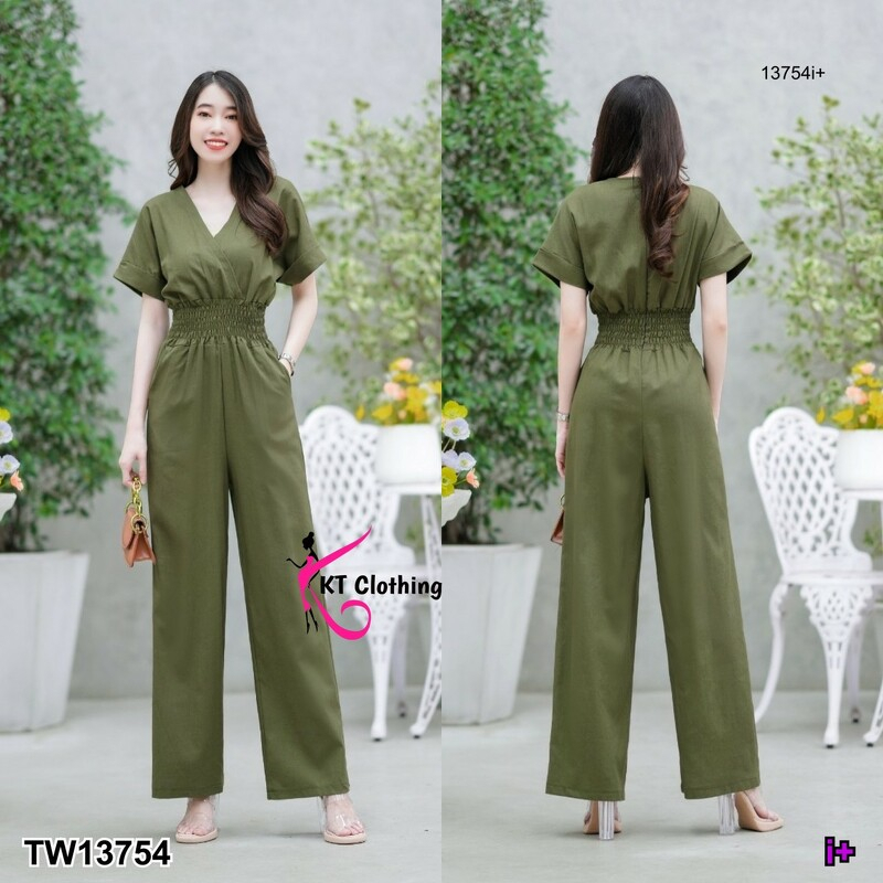 b13754-จั๊มสูทยาวคอวีสม็อคเอว-long-jumpsuit-with-a-v-neck-smock-waist