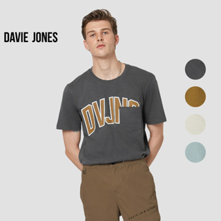 DAVIE JONES เสื้อยืดพิมพ์ลาย ทรง Regular Fit สีเทา สีครีม สีเขียว สีน้ำตาล  Logo Print Regular fit T-shirt in grey cream green brown LG0052CH CR GR BR