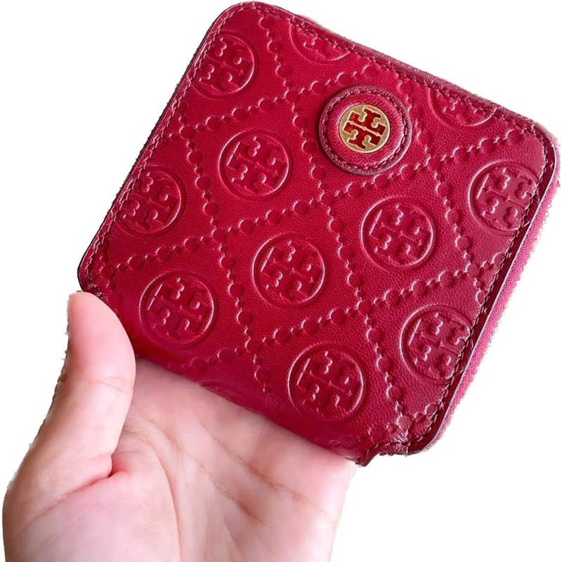 🎀 (สดผ่อน) กระเป๋าสตางค์ shop ซิปรอบใบสั้น สีแดง 79380 TORY BURCH T