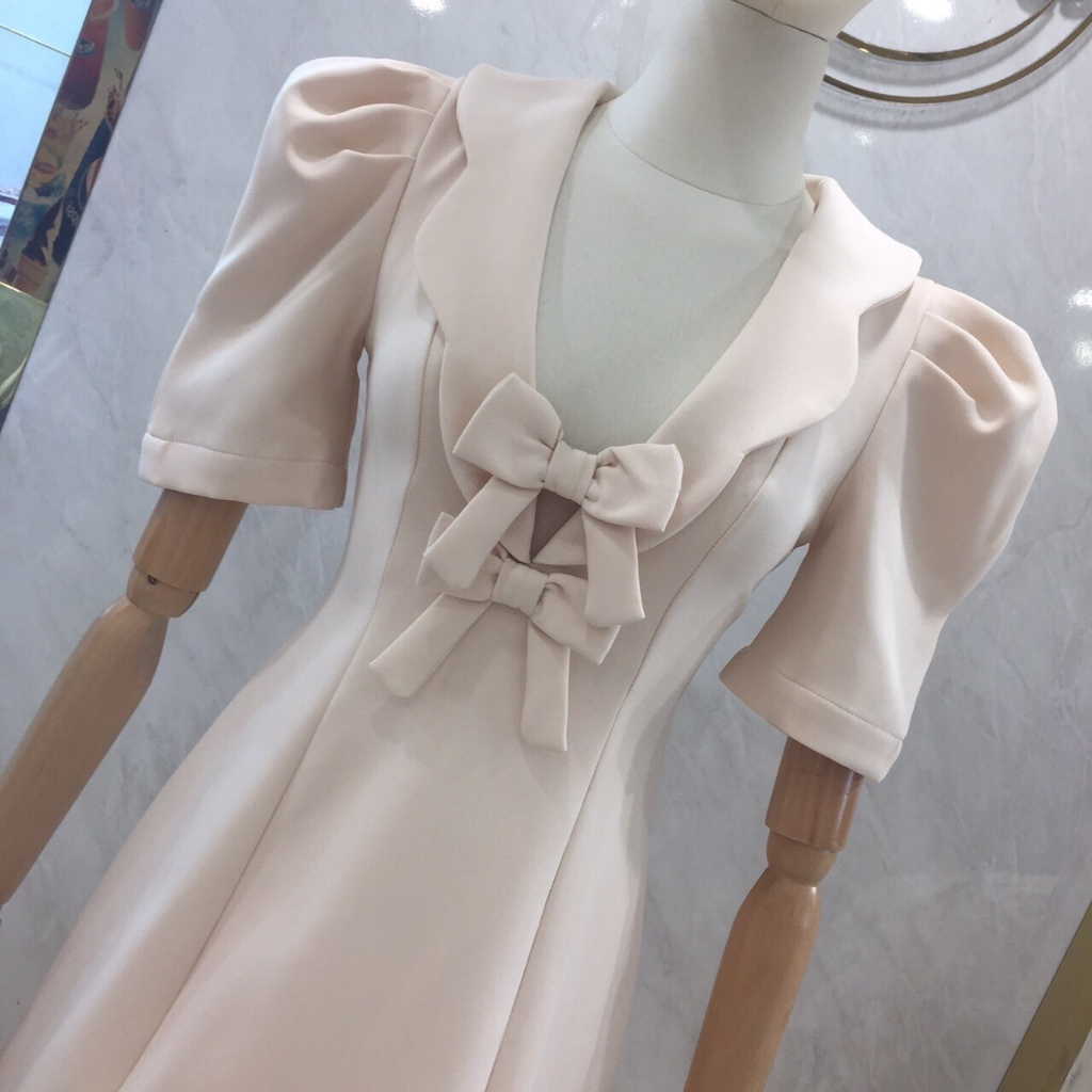 stylistaเดรสแขนสั้น-คอปก-เเต่งโบว์ช่วงอก-เช็คสต๊อกก่อนกดสั่ง