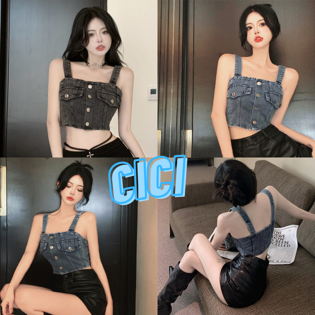 cici-no-969-เสื้อครอปยีนส์สายเดี่ยวเอี๊ยม-แซ่บสวย-y2k-y2ใจ