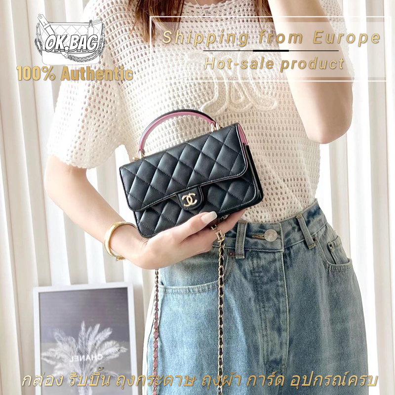 ชาแนล-chanel-23p-lambskin-black-pink-chain-handbag-สุภาพสตรี-กระเป๋าสะพายไหล่