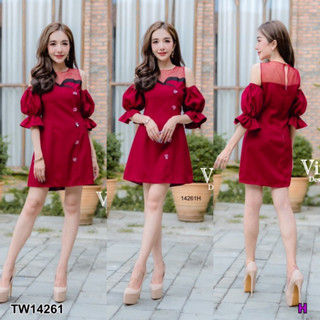 TW14261 Dress เดรสเปิดไหล่ ช่วงไหล่แต่งผ้ามุ้งซีทรู