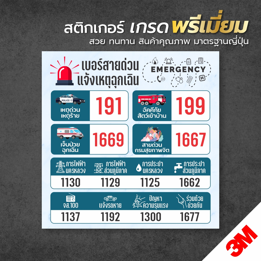 สติกเกอร์รวมเบอร์โทรฉุกเฉิน-แจ้งเหตุด่วนเหตุร้าย-มีติดบ้านไว้-อุ่นใจแน่นอน-sticker-3m