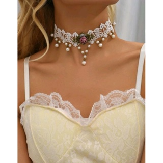 สร้อยคอ โชคเกอร์ สร้อยคอวินเทจ สร้อยคอลูกไม้ จี้มุก จี้กุหลาบ Faux Pearl Decor Choker(ส่งจากไทย)