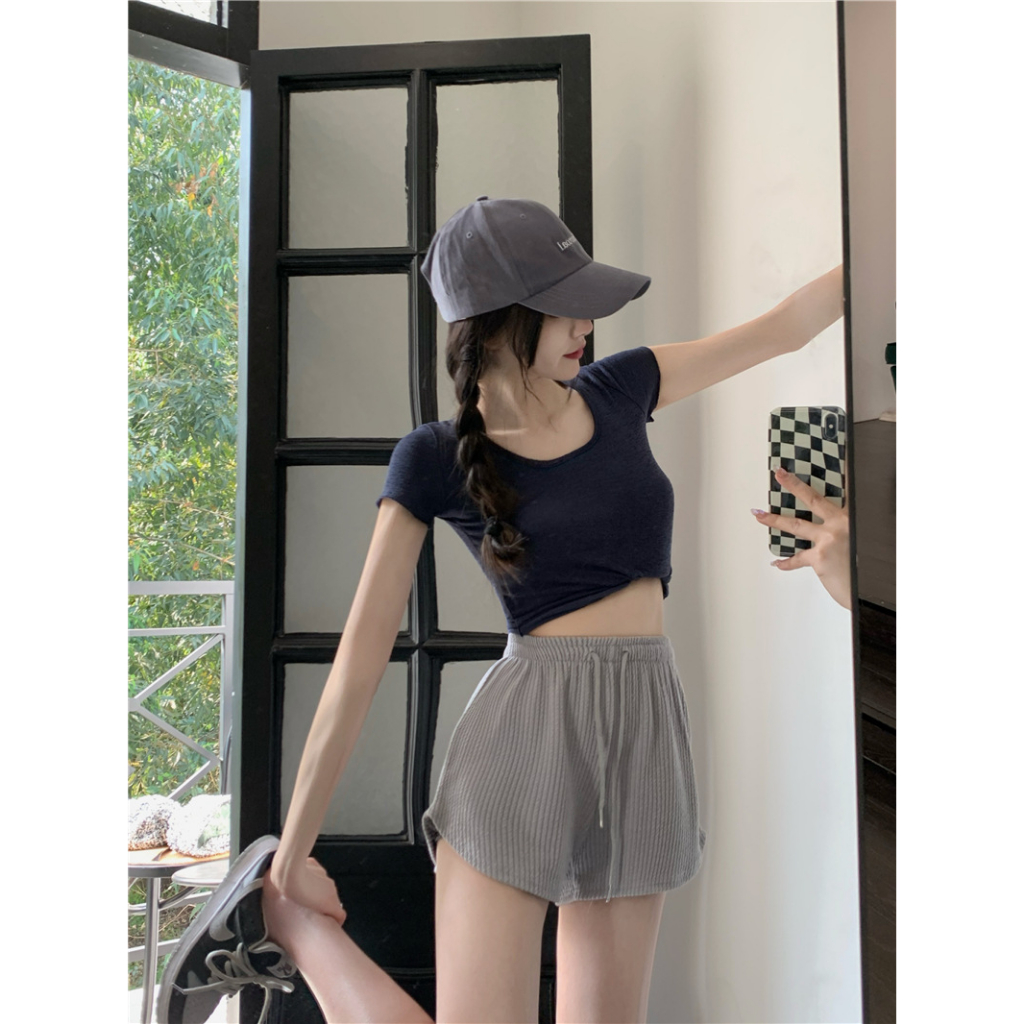 S-088 กางเกงขาสั้น บบผูกเชือก สวมใส่สบาย ลําลองสําหรับสตรี เอวสูงขากว้างทรงหลวมขนาดพลัสเหมาะกับการเล่นฟิตเนส - 5