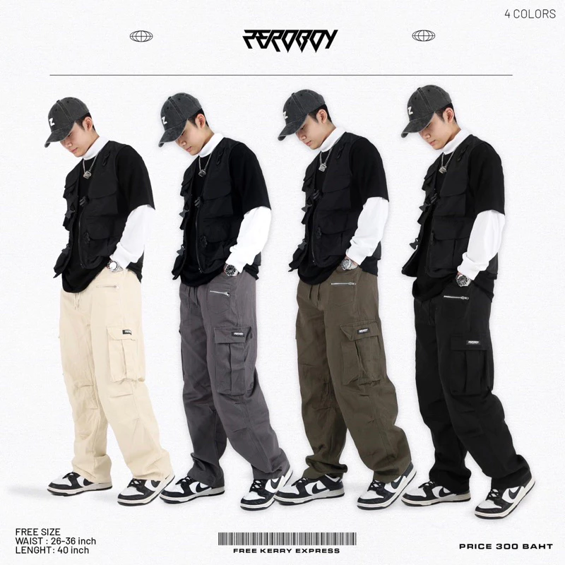 ZEROBOY - CARGO PANTS กางเกงคาร์โก้กระบอกใหญ่ 4 สี สีครีม สีดำ สีเทา สีเขียวขี้ม้า