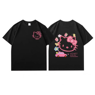 Hello Kitty เสื้อยืดแขนสั้นสีขาวหญิง 2023 ฤดูร้อนใหม่ผ้าฝ้ายน่ารักเสื้อยืดหลวม